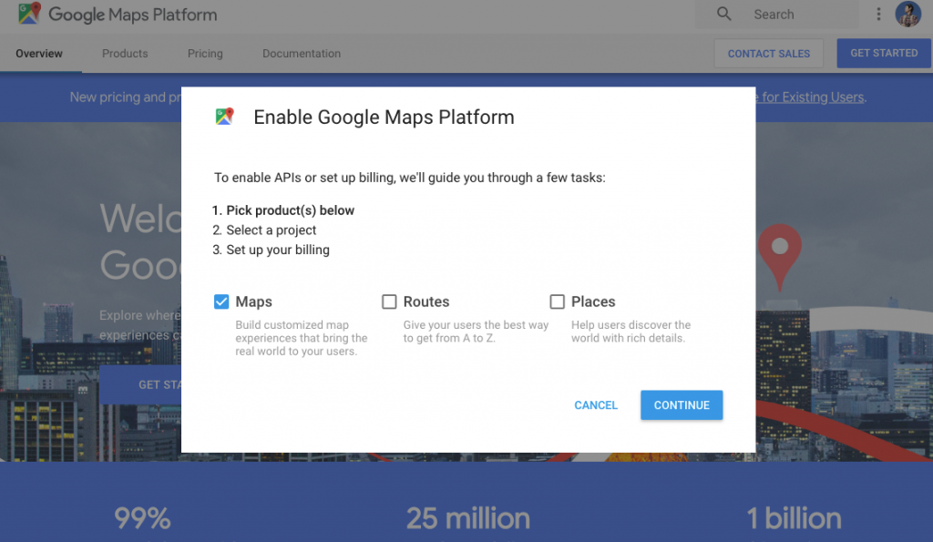 Choisissez le produit de la plateforme Google Maps