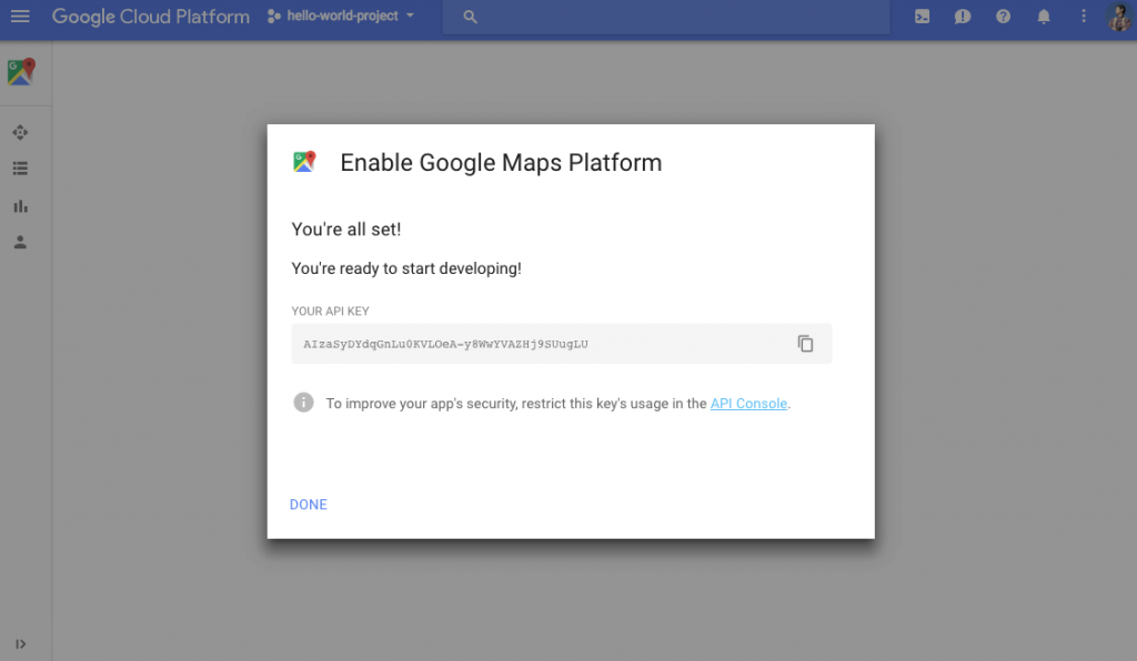 Votre clé d'API Google Maps une fois générée